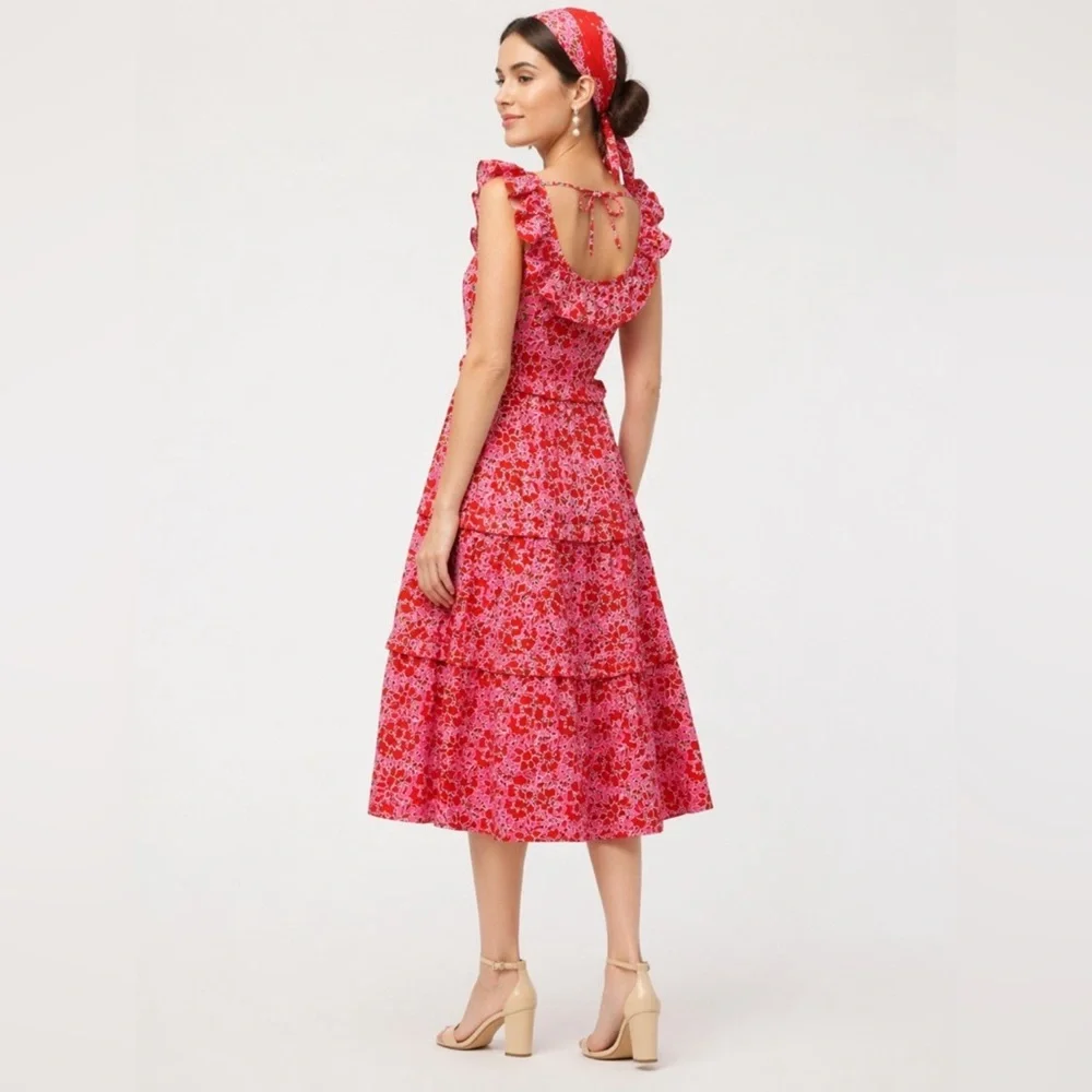 J. Crew Coral Pink Floral Tiered Midi Dress